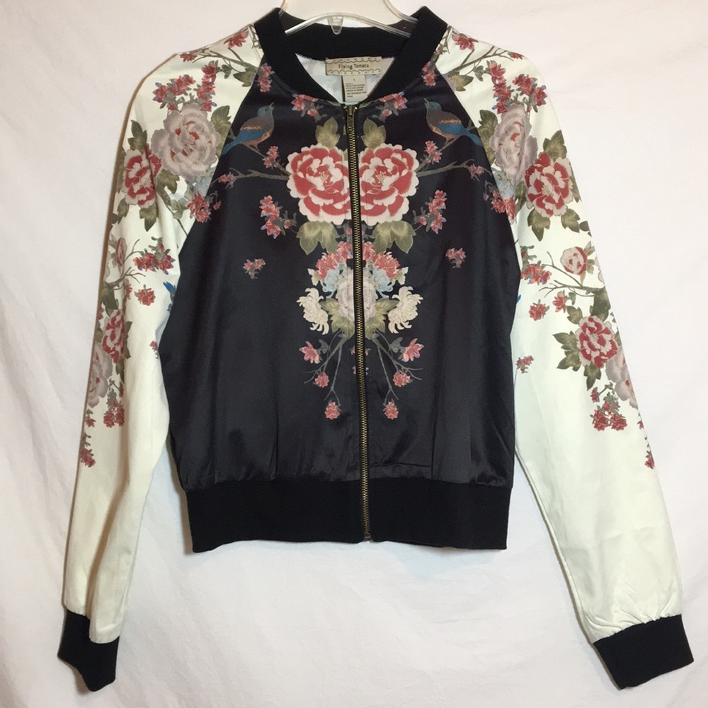 Flying Tomato Cream and Black Floral Bomber Jacket
